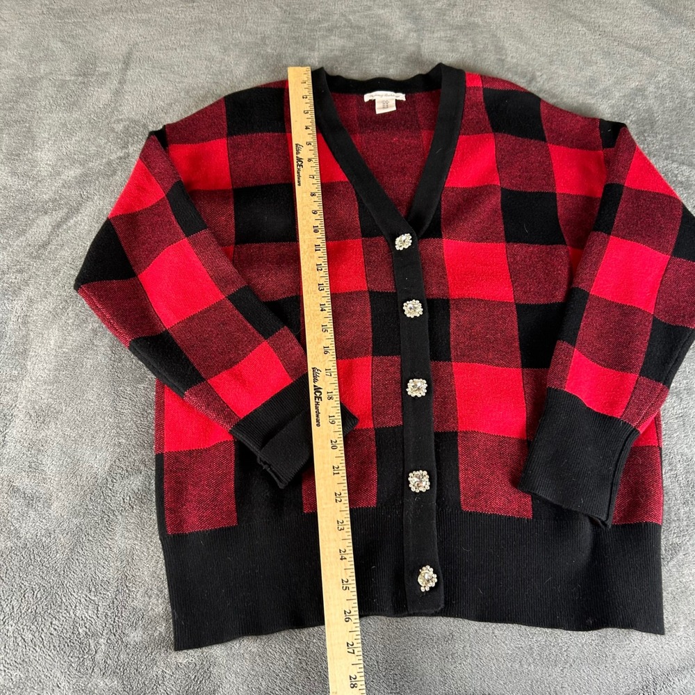 Tommy Bahama Womens Red Black Buffalo Plaid Rhinestone Button Cardigan Sweater M - Picture 5 of 8